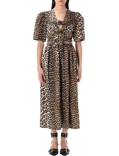 Ganni Leopard Printed Cotton Tie Strap Midi Dress In Brown