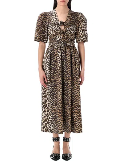 GANNI GANNI LEOPARD PRINTED TIE STRAP MIDI DRESS