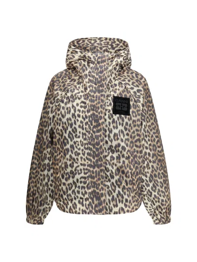 Ganni Leopard Raincoat Jacket In Neutral