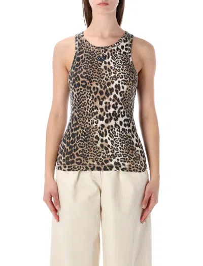 Ganni Leopard Rib Tank Top - Slim Fit In Animal Print