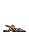 Ganni Multicolor Ballet Shoes With Double Buckle And All-over Leopard Print In Tech Fabric Woman In Brown