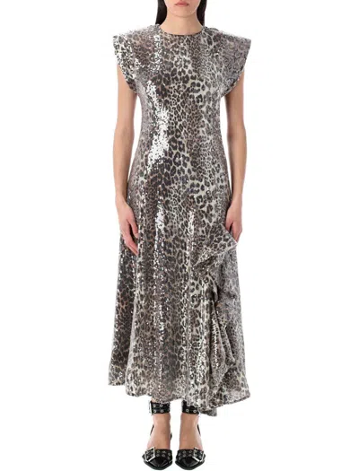 GANNI GANNI LEOPARD SEQUINRD MIDI DRESS