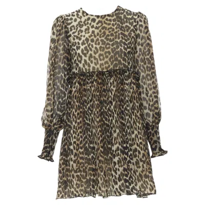 Ganni Leopard Spot Print Pleated Babydoll Dress In Brown