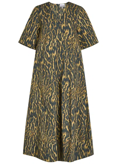 Ganni Leopard Stretch-cotton Midi Dress In Brown