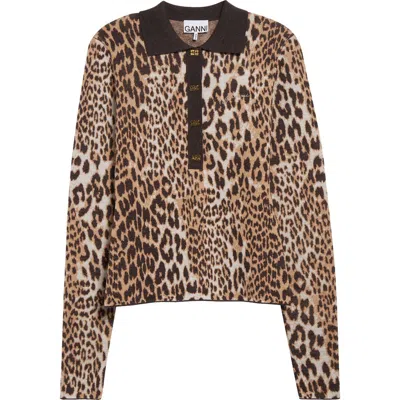 GANNI GANNI LEOPARD STRETCH ORGANIC COTTON POLO