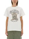 Ganni White T-shirt With Print And Logo Lettering On The Front In Cotton Woman