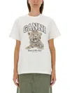 Ganni White T-shirt With Print And Logo Lettering On The Front In Cotton Woman