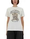 Ganni White T-shirt With Print And Logo Lettering On The Front In Cotton Woman