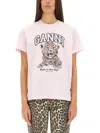 Ganni Crew Neck Graphic Print Relaxed Fit Tops In Pink