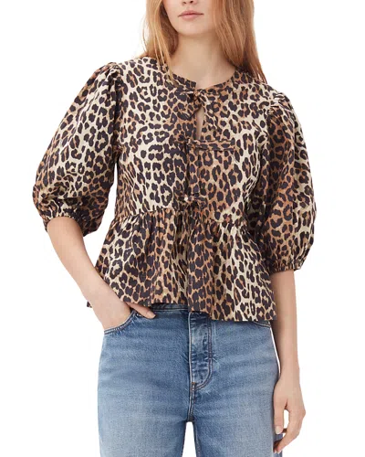 GANNI LEOPARD TIE FRONT COTTON PEPLUM BLOUSE
