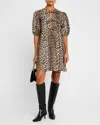 Ganni Printed Tie String Poplin Mini Dress In Leopard