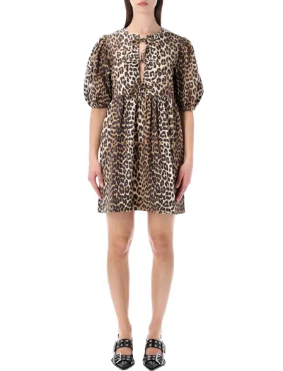 Ganni Brown Leopard Printed Cotton Tie String Minidress In 943 Leopard