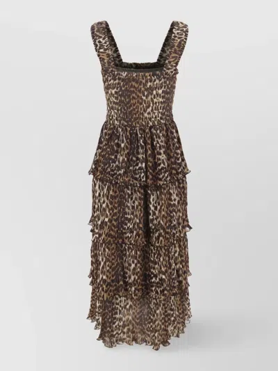 Ganni Leopard Tiered Ruffle Georgette Dress In Brown