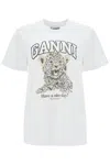Ganni White T-shirt With Print And Logo Lettering On The Front In Cotton Woman In Leopard