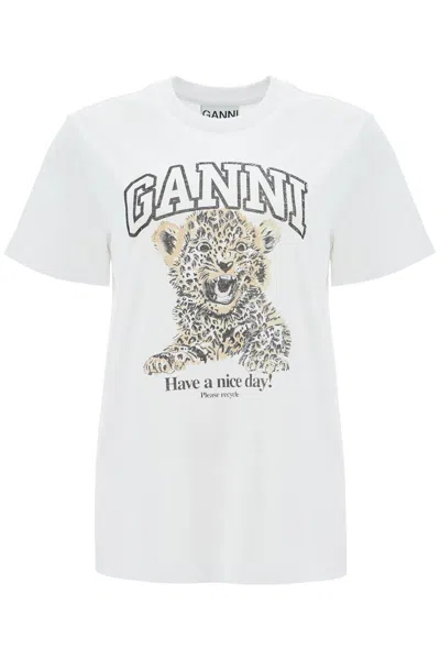 GANNI LEOPARD WHITE COTTON T-SHIRT