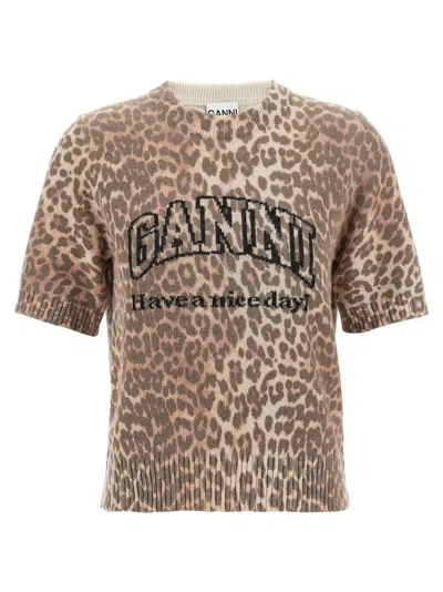 Ganni Leopard Wool T-shirt In Brown