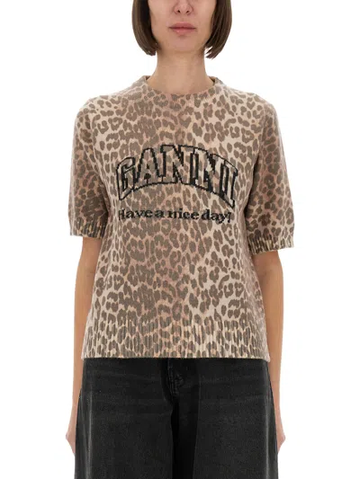 GANNI LEOPARD WOOL T-SHIRT