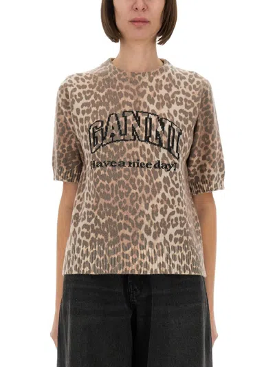 GANNI GANNI LEOPARD WOOL T-SHIRT