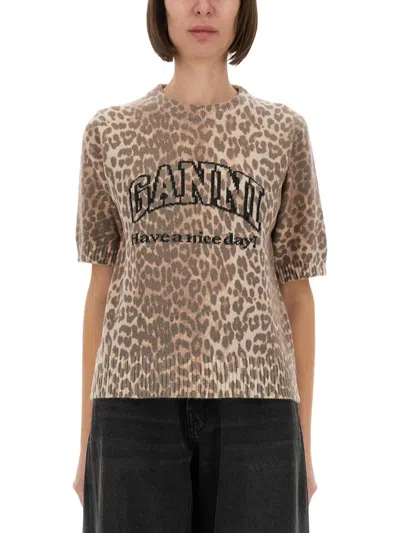 Ganni Leopard Wool T-shirt In Brown