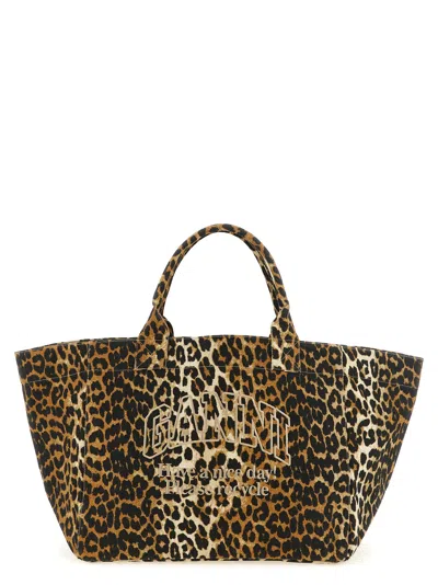 Ganni Xxl Tote Bag In Recycled Cotton With Animal Print And Embroidered Logo In Brown
