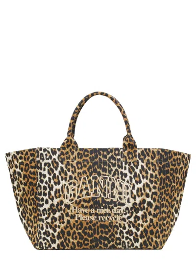 Ganni Large Tote Bag With Leopard Print Design In Brown