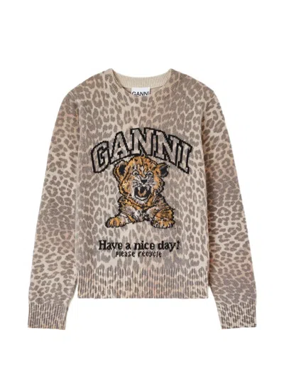 Ganni Leopard-intarsia Sweater In Neutral
