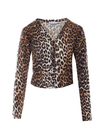 Ganni Leopard-pattern V-neck Cardigan In Neutrals