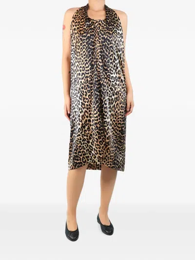 Pre-owned Ganni Leopard-print Halterneck Midi Dress In Neutral