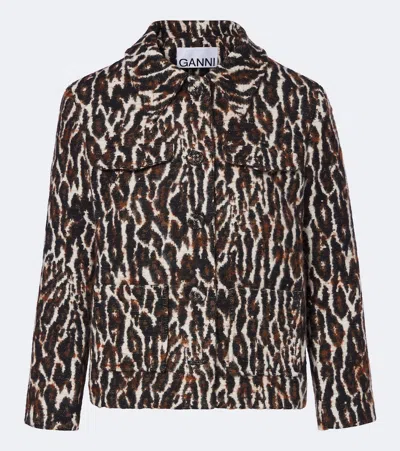 Ganni Leopard-print Jacquard Jacket In Brown