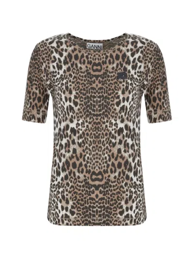 Ganni Leopard-print Logo-patch T-shirt In Animal Print