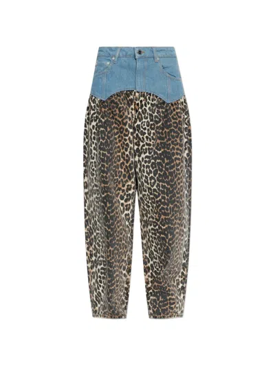 Ganni Leopard-print Panelled Jeans In Brown