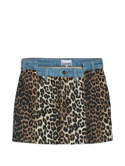 Ganni Leopard-print Panelled Mini Skirt In Brown
