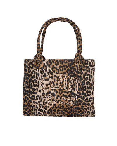 Ganni Leopard-print Recycled Cotton Tote Bag In Brown