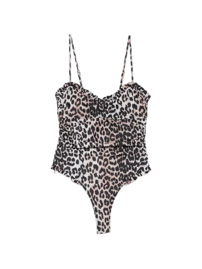 Ganni Leopard-print Ruffled Bodysuit In Brown