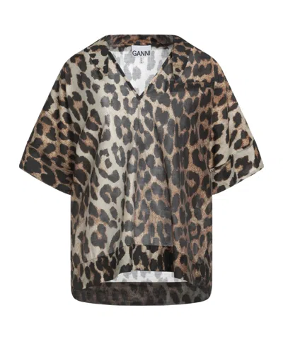 Ganni Leopard-print Short-sleeve Shirt In Brown