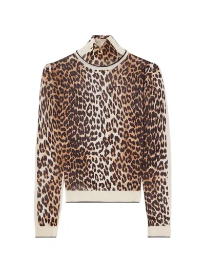 Ganni Leopard High Neck Knitted Sweater In Brown