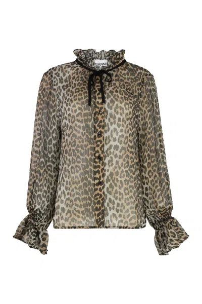 Ganni Leopard-print Viscose With Ruffled Tie Neck Blouse In Brown