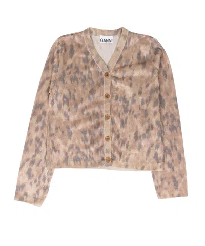 Ganni Leopard-print V-neck Cardigan In Neutral