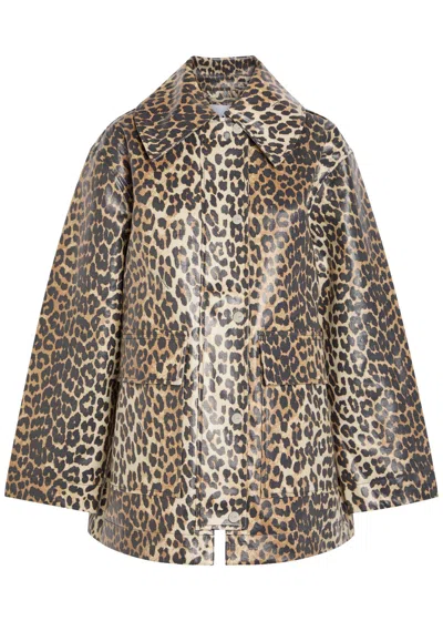 Ganni Leopard-print Waxed Canvas Coat In Animal Print