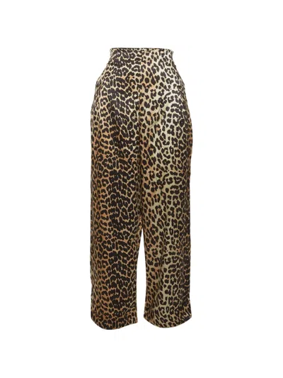 Pre-owned Ganni Leopard-print Wide-leg Trousers In Neutral