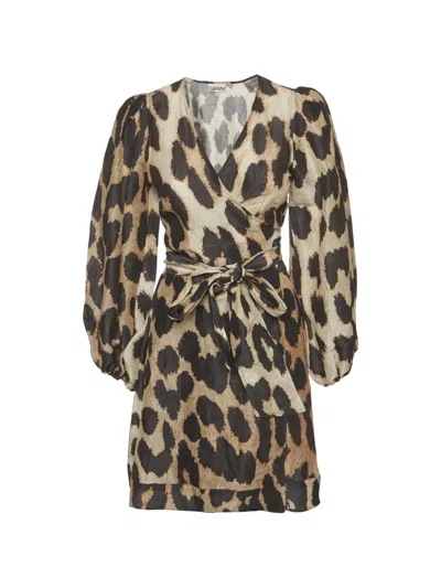 Pre-owned Ganni Leopard-print Wrap Dress In Neutrals
