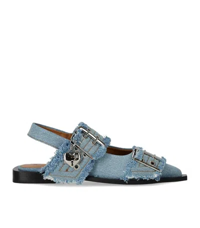 Ganni Faded Denim Slingback Ballet Flat Shoe With Buckles In Blue