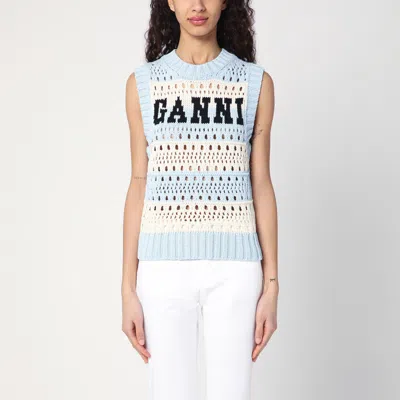 Ganni Openwork Striped Vest With Logo Inlay In Clear Blue