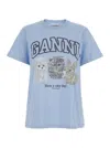 Ganni Light Blue Crewneck T-shirt With Maxi Logo On The Front In Cotton Woman In Blue