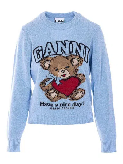 Ganni Wool Crew Neck Sweater Graphic Print In Blue