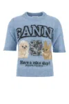 Ganni Light Blue Crewneck T-shirt With Maxi Logo Embroidery On The Front