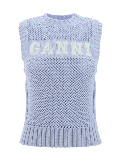 GANNI LIGHT BLUE KNIT VEST WITH INTARSIA LOGO IN COTTON WOMAN