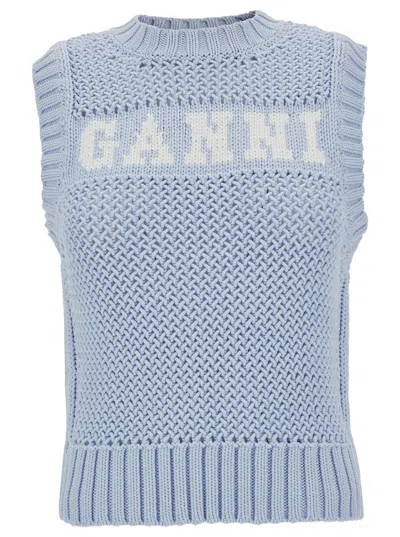 Ganni Light Blue Knit Vest With Intarsia Logo In Cotton Woman