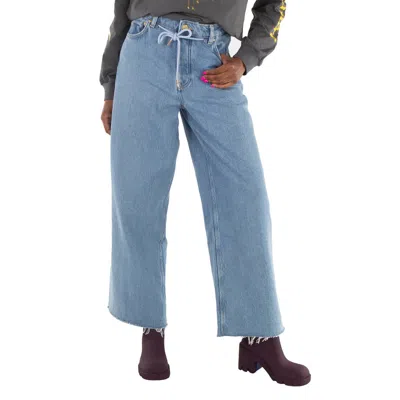 Ganni Light Blue Stone Denim Wide Drawstring Jeans In Multi