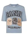 Ganni Light Blue Crewneck T-shirt With Maxi Logo Embroidery On The Front